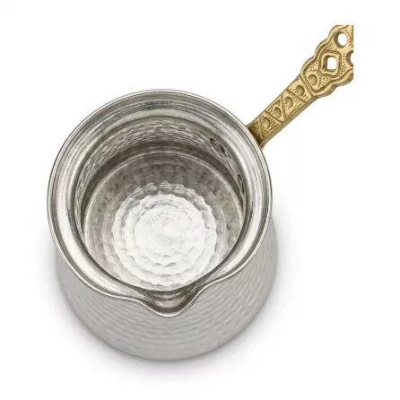 Enhanced Top view of hammered Turkish coffee pot showing spout and detailed brass handle