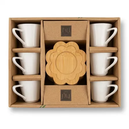 Enhanced Set of six white Paçi porcelain cups with bamboo flower-shaped coasters in box