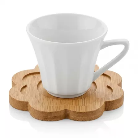 Enhanced Single white porcelain cup on bamboo flower coaster displayed on countertop