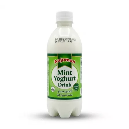 Enhanced Side view displaying Anjoman Mint Yoghurt Drink label and expiry date