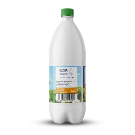 A 1.5L bottle of Memax Ayran Yoghurt Drink Peppermint, showing its detailed rear label with storage instructions and natural ingredient claims against a clean, white background.