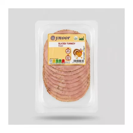 Enhanced Front view of Aynoor Sliced Turkey Roast in clear packaging held in hand