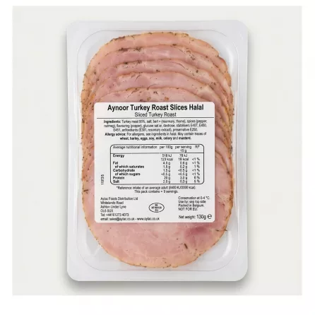Enhanced Back label of Aynoor Sliced Turkey Roast displaying ingredients and nutrition