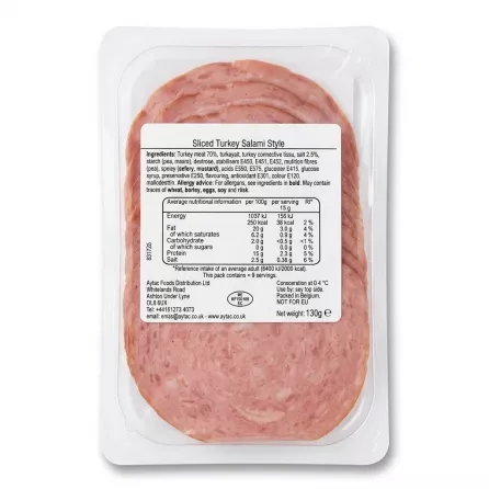 Enhanced Back of Aynoor Sliced Turkey Salami Style pack showing ingredients and nutrition