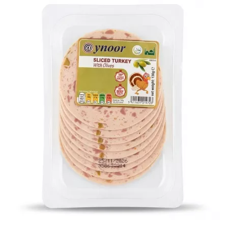 Enhanced Aynoor Sliced Turkey With Olives in plastic packaging, clear label, 130g.