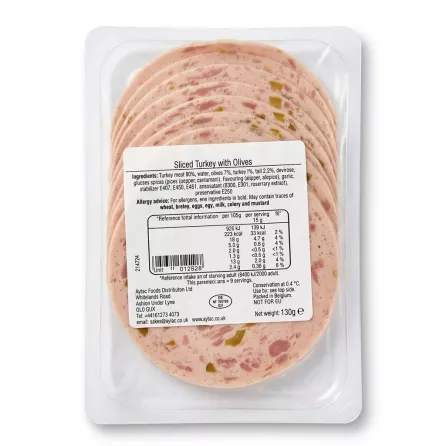 Enhanced Back of Aynoor Sliced Turkey With Olives, showing ingredients and nutrition, 130g.