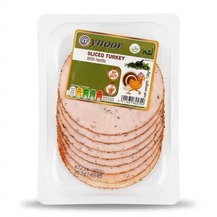 Enhanced Front of Ynoor Sliced Turkey With Herbs 130g pack in clear plastic packaging