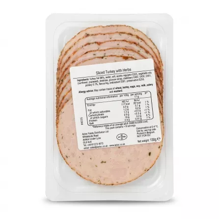 Enhanced Back label of Ynoor Sliced Turkey With Herbs showing ingredients and nutrition facts