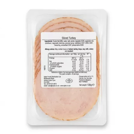 Enhanced Back of Aynoor Sliced Turkey pack showing ingredients and nutritional info