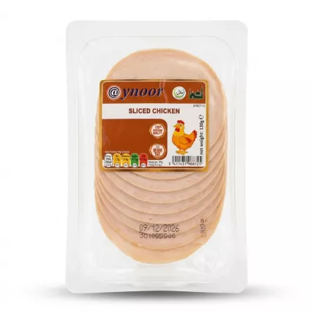 Enhanced Pack of Ynoor Sliced Chicken 130g with visible label and slices