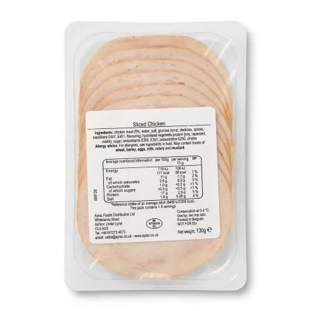Enhanced Back of Ynoor Sliced Chicken pack showing ingredients and nutrition