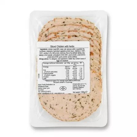 Enhanced Back of Aynoor Sliced Chicken With Herbs pack with ingredients and nutrition info