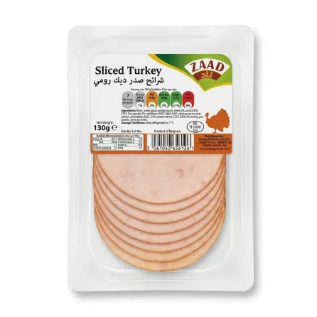 Enhanced Front of ZAAD Sliced Turkey 130g halal pack held in store with clear label and price