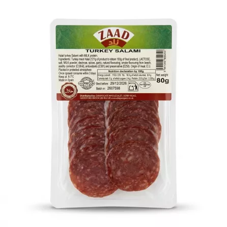 Enhanced Zaad Turkey Salami 80g pack with clear label and price