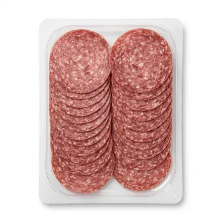 Enhanced Rear view of Zaad Smoked Dried Salami Slices 100g pack showing salami slices through plastic packaging