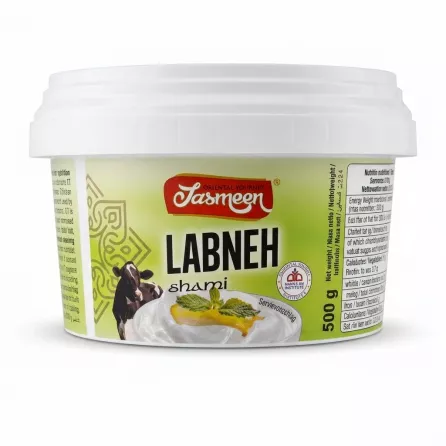 Enhanced A hand holding a 500g tub of Jasmeen Labneh Shami in a supermarket dairy aisle