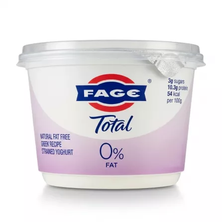 Enhanced Hand holding FAGE Total 0% Fat Greek Yoghurt 450g tub in store aisle