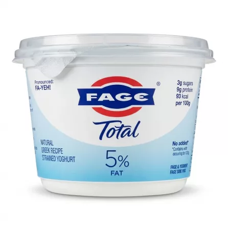 Enhanced Front label of FAGE Total 5% Greek yoghurt 450g showing fat content