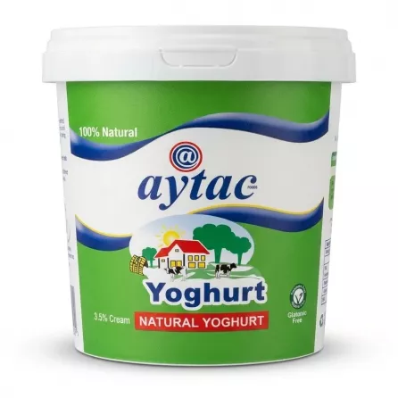 Enhanced Front view of Aytac Natural Yoghurt 1kg tub on a supermarket shelf