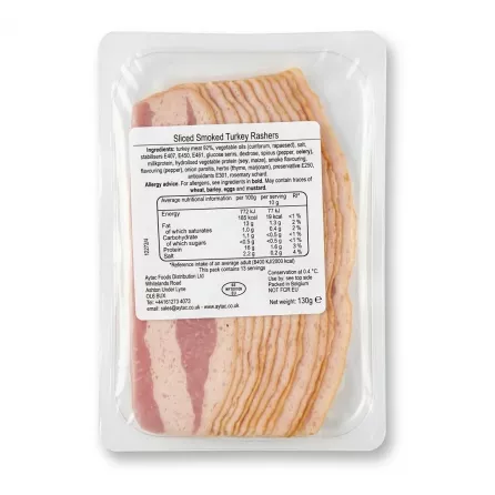 A professional e-commerce photo showing the back of a package of Sliced Smoked Turkey Rashers with detailed nutritional information.