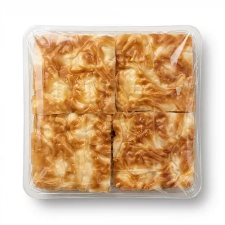 A top-down view of an unopened square plastic tray containing four pre-cut squares of golden-brown, flaky Yayla potato pastry (su böreği) against a white background.