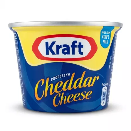 A 190g tub of Kraft Processed Cheddar Cheese is centrally positioned on a clean white background. It features the classic red and white Kraft logo above the product name in blue and gold lettering, under professional studio lighting.