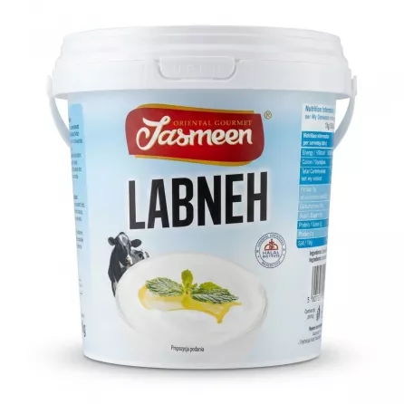 A 1kg plastic tub of Yasmeen Oriental Gourmet Labneh Arabic Strained Yoghurt, isolated on a white background with a soft shadow. The white label features a large cow illustration and a picture of labneh garnished with olive oil and mint.