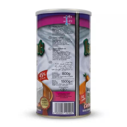 Enhanced Back label of Lezzet Çiftlik Peyniri cheese tin showing ingredients and barcode