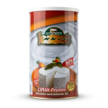Enhanced Front of Lezzet Çiftlik Peynir Extra Creamy cheese tin 60% fat