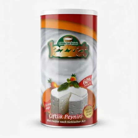 Enhanced Lezzet Çiftlik Peynir Extra Creamy cheese tin in a supermarket aisle