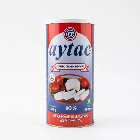 A can of Aytac Soft Cheese in Brine (800g drained weight) on a solid white background, featuring a 60% fat content and a serving suggestion with tomatoes and white cheese slices.