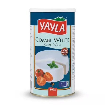 A 1:1 professional e-commerce product shot of a cylindrical Yayla Halal Combi White Cheese 800g tin against a pure white background. The tin is perfectly centered, well-lit, and sharply focused, with all text and graphics from the label, including the cheese, tomatoes, and mint illustration, clearly visible and free of stickers. A soft, balanced shadow rests beneath the tin.