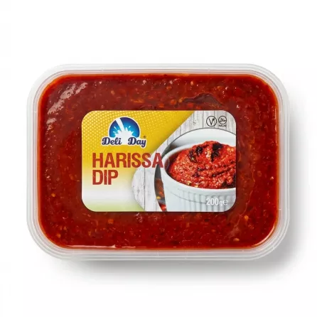 Enhanced Top view of Deli Day Harissa Dip 200g with red contents visible