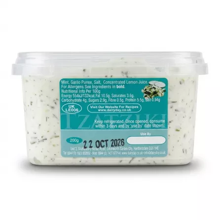 Enhanced Back of Dairy Day Tzatziki tub highlighting nutritional info, ingredients, and expiry date