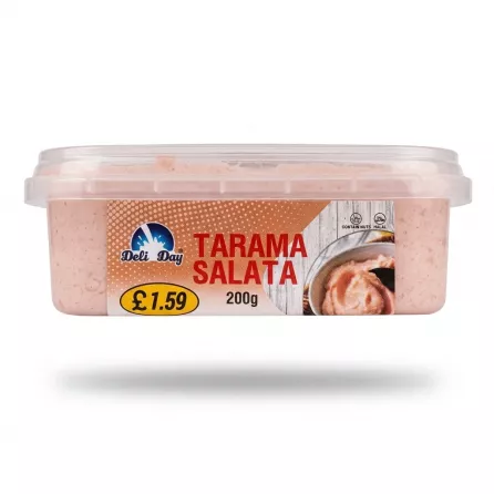 A side profile professional e-commerce shot of a Deli Day Tarama Salata spread, with a retail price sticker of £1.59, set against a clean white background.
