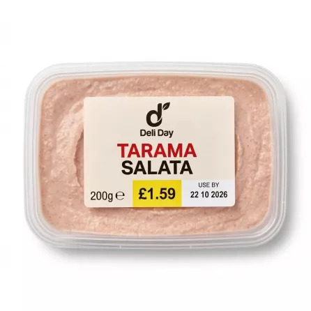 A top-down view of a rectangular, clear plastic tub of 'Deli Day Tarama Salata' spread. The central label on the clear lid clearly shows the product name, branding, and a clear 'USE BY 22 10 2026' date stamp, presented on a pure white background.