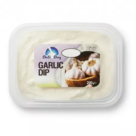 A top-down professional product photograph of a clear rectangular plastic tub containing a white Deli Day Garlic Dip (200g). The tub features a clean label with the 'Deli Day' logo, 'GARLIC DIP' text, and garlic bulb illustrations, presented in sharp focus against a pure white background with soft, even shadowing.