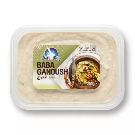 Enhanced Top view of Deli Day Baba Ganoush 200g tub with visible use-by date and price label