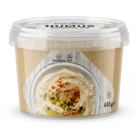 Enhanced Price and weight label on DairyDay Humus Original 440g tub