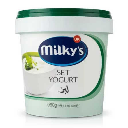 Milky's Set Yogurt, 950g tub with green lid, professionally photographed against a plain white background with professional lighting and soft shadow.