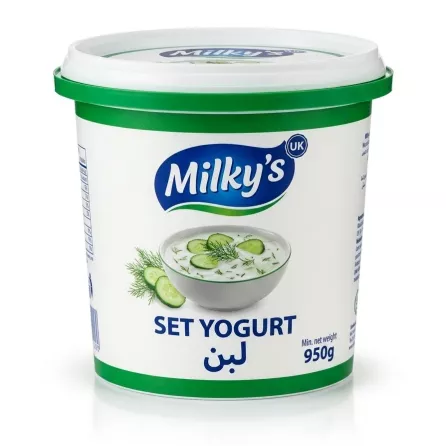 Enhanced Top view of Milky's Set Yogurt 950g tub with hand holding