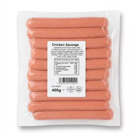 Enhanced Aynoor chicken sausage 400g vacuum pack back showing ingredients and nutrition label
