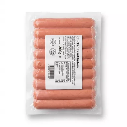 Enhanced Back of Raynoor Chicken Frankfurters 300g showing ingredients and nutrition