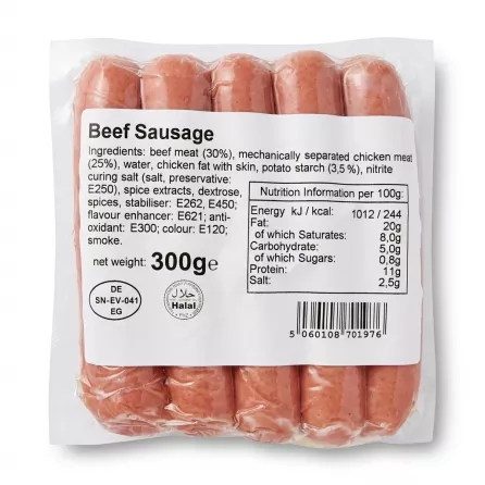 Enhanced Back label of Aynoor Halal Beef Sausage 300g showing ingredients, nutrition, and barcode
