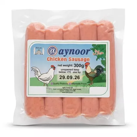 Enhanced Front packaging of Aynoor Chicken Sausage 300g halal with price label