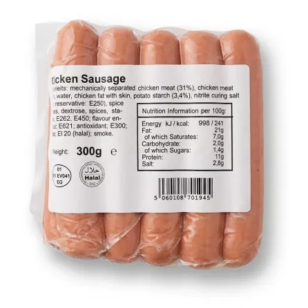 Enhanced Back packaging of Aynoor Chicken Sausage 300g showing ingredients and nutrition