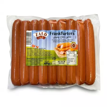 Enhanced ZAAD Frankfurters Chicken & Turkey 400g pack with visible label and price