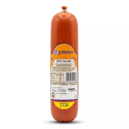 Enhanced Aynoor Spicy Halal Salami 450g label showing ingredients and price