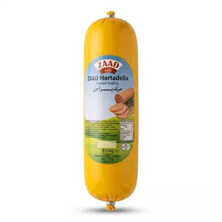 Enhanced Side view of ZAAD Mortadella Cooked Poultry 500g showing ingredients and nutritional values