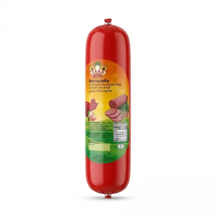 Enhanced ZAAD Mortadella chicken and beef sausage with nutrition information on packaging